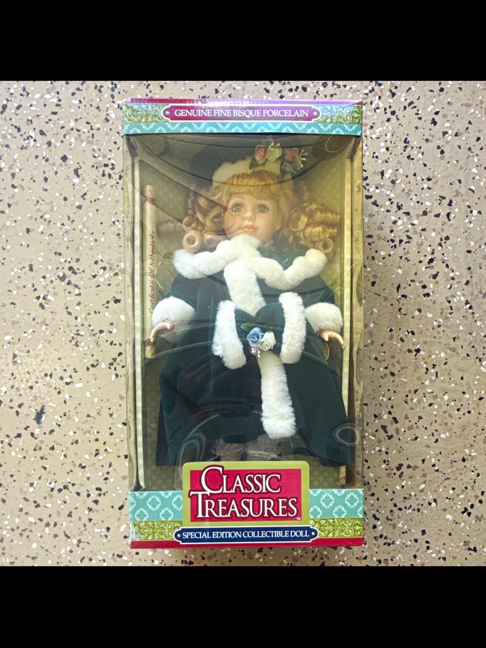 Classic Treasures Porcelain Doll in Dark Green Coat with White Trim